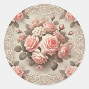 Vintage Shabby Chic Rosa Ros Blommig Runt Klistermärke