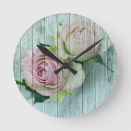 Vintage Shabby chic Rosa ros på blått trä Rund Klocka