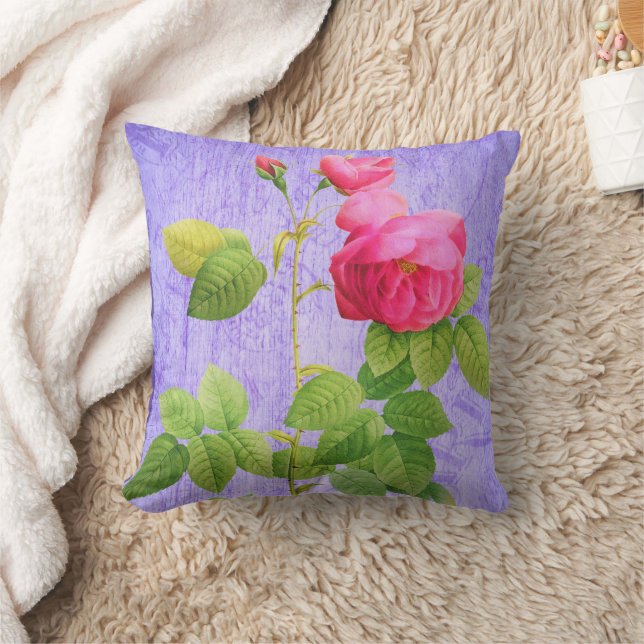 Vintage Shabby chic Rosa ros på Lilac Kudde (Filt)
