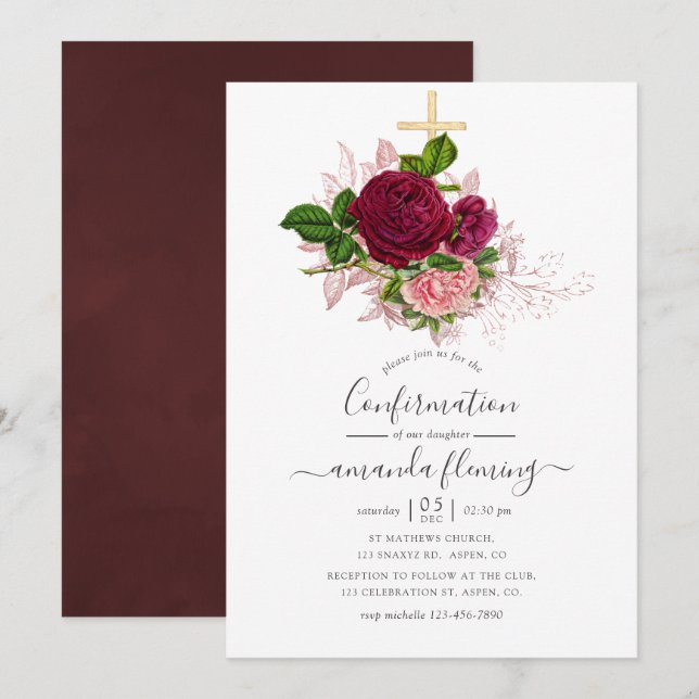 Vintage Shabby-Chic Rosé & Burgunder Konfirmation Inbjudningar (Fram/baksida)