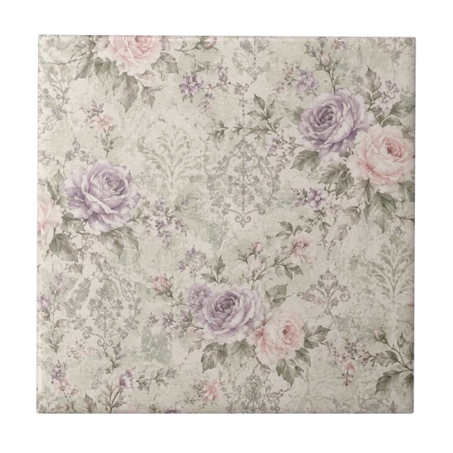 Vintage Shabby Chic Rosor Fyrkantig Väggklocka Kakelplatta (Framsidan)