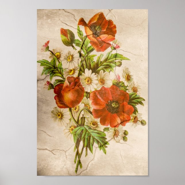 Vintage Shabby chic Rustic Poppy Bouquet Poster (Framsidan)