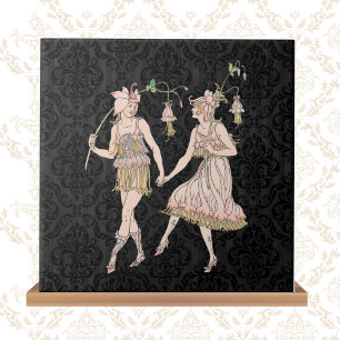 Vintage Shakespeares Garden Women on Black Damask Kakelplatta