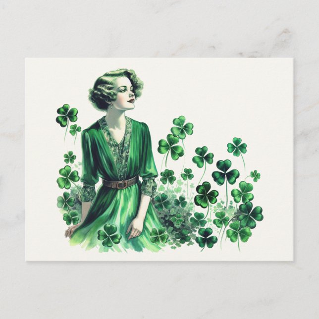 Vintage Shamrock St. Patrick's Day Woman Vykort (Framsida)
