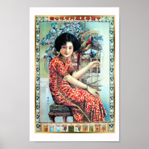 Vintage Shanghai China Cigarette and Woman Parrot Poster