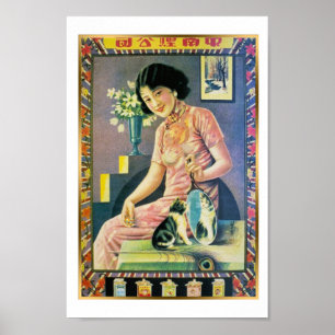 Vintage Shanghai China Cigarette och Woman Kitten Poster