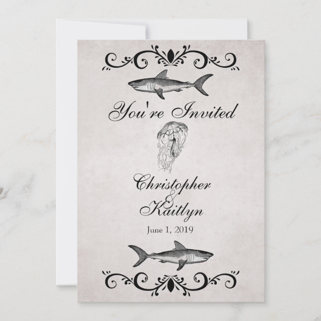 Vintage Sharks and Jellyfish Beach Wedding Inbjuda Inbjudningar (Framsida)