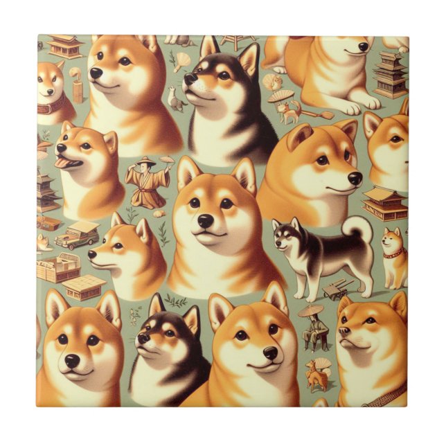 Vintage Shiba Inu Seamless Mönster Kakelplatta (Framsidan)