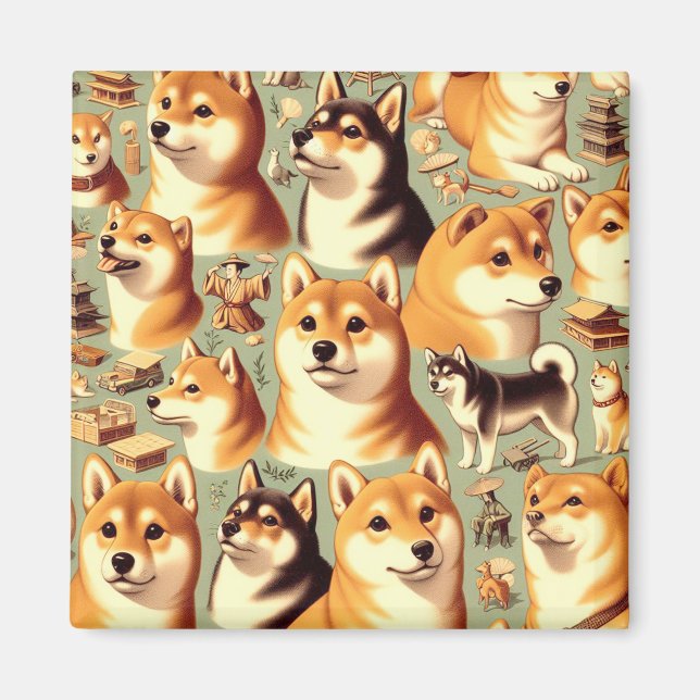 Vintage Shiba Inu Seamless Mönster Magnet (Framsidan)