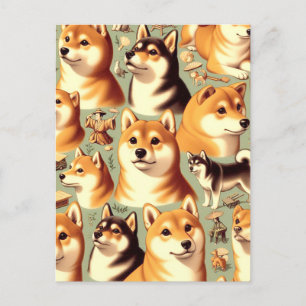 Vintage Shiba Inu Seamless Mönster Vykort
