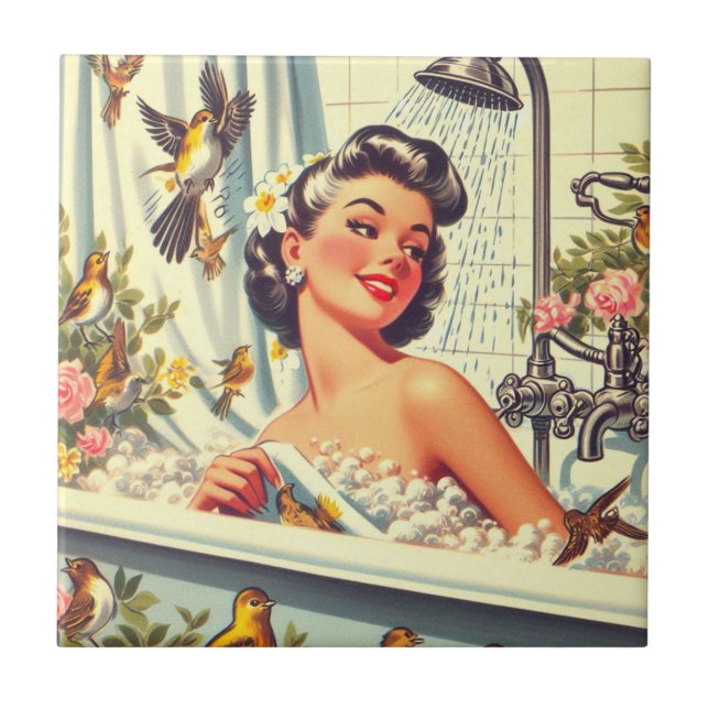 Vintage Shower Pin Up Kakelplatta (Framsidan)