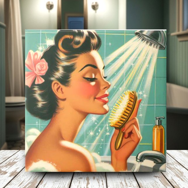 Vintage Shower Pin Up Kakelplatta (Skapare uppladdad)