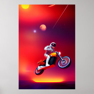 Vintage SI-Fi Astronaut Motorcycle Jump Retro Poster