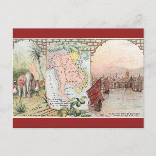 Vintage Siam Thailand Karta Vykort (Framsida)