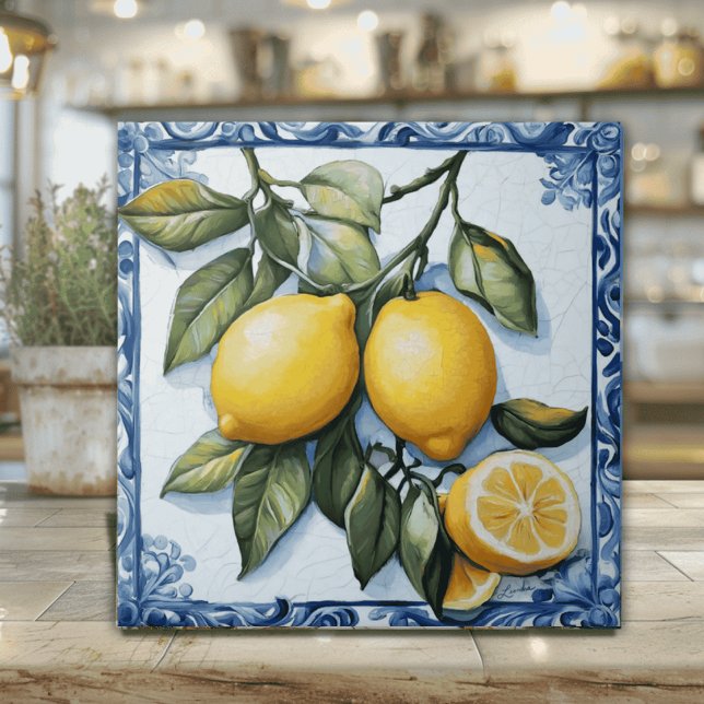Vintage Siciliansk blå kant citron Kakelplatta (Artisan Italian Lemons Ceramic Tile with blue painted border)