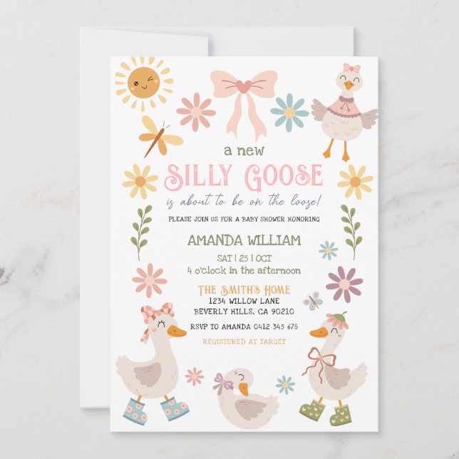 Vintage Silly Goose Daisy Blommig Bebis Shower Inbjudningar (Framsida)