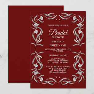 Vintage Silver Blommönster Röd Bröllopsdusch Inbjudningar