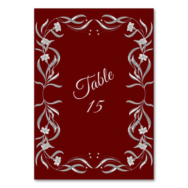 Vintage Silver Blommönster Röd Bröllopsfest Bordsnummer (Framsidan)
