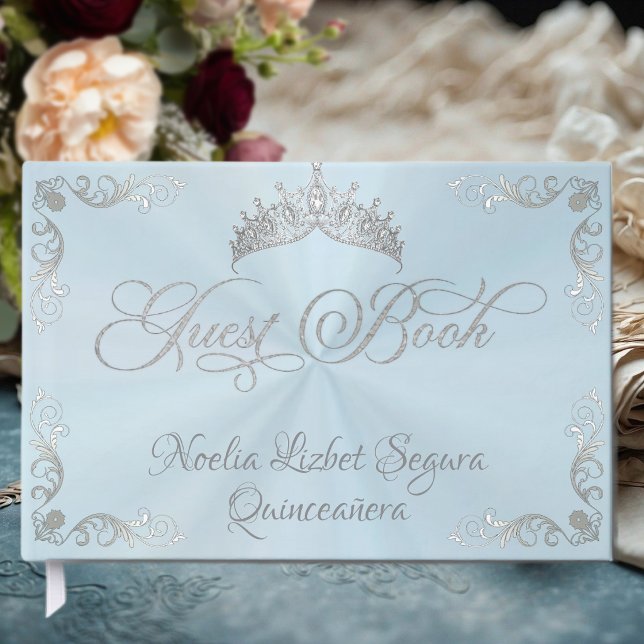 Vintage Silver Border & Tiara - Pastel Blue Gästböcker (Skapare uppladdad)