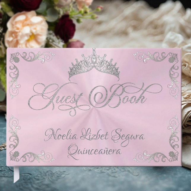 Vintage Silver Border & Tiara - Pastel Pink Gästböcker (Skapare uppladdad)