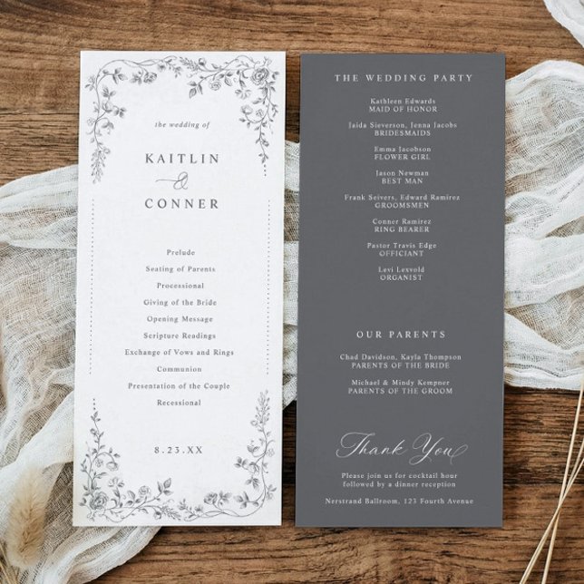 Vintage Silver / Grå Blommig Fransk Toile Bröllop Program (Gray silver wedding program with vintage French chinoiserie floral frame)