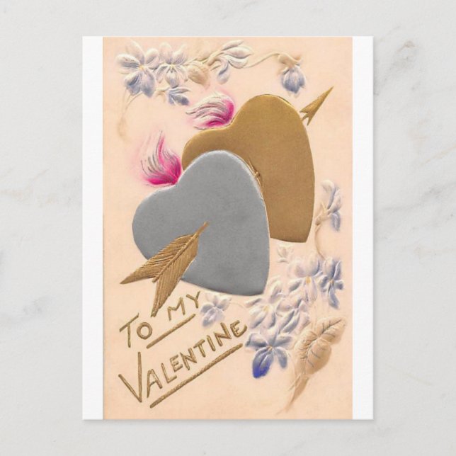Vintage Silver & Guld Hearts Valentine Helg Vykort (Framsida)