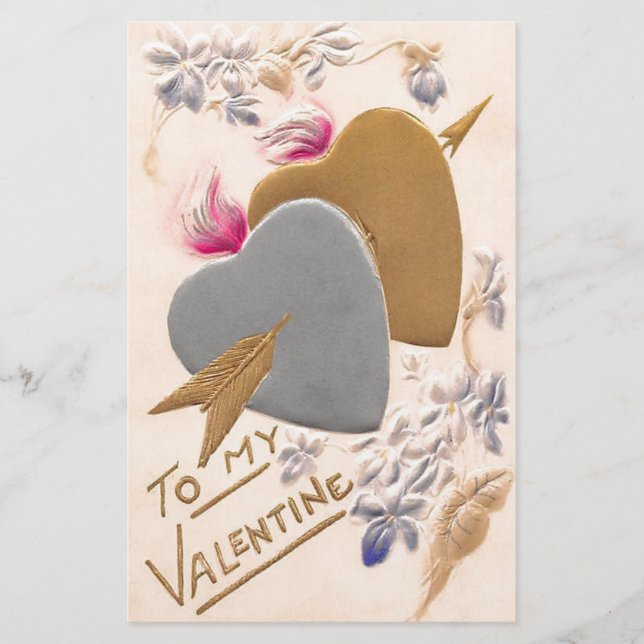 Vintage Silver & Guld Hearts Valentine Postcard Brevpapper (Framsida)