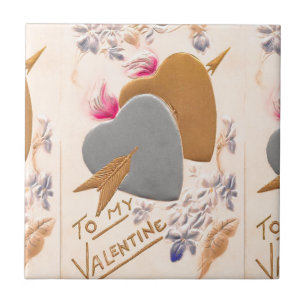 Vintage Silver & Guld Hearts Valentine Postcard Kakelplatta