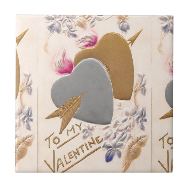 Vintage Silver & Guld Hearts Valentine Postcard Kakelplatta (Framsidan)