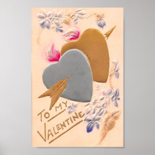 Vintage Silver & Guld Hearts Valentine Postcard Poster
