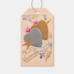 Vintage Silver & Guld Hearts Valentine Postcard Presentetikett