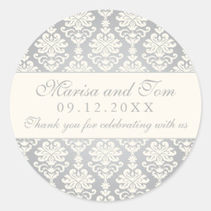 Vintage Silver Ivory Damask Wedding Monogram Runt Klistermärke