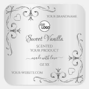 Vintage Silver produktetiketter Ornate Corners Log Fyrkantigt Klistermärke