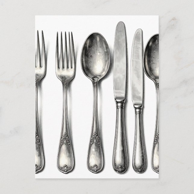 Vintage silverbestick antik platt kök  vykort (Framsida)