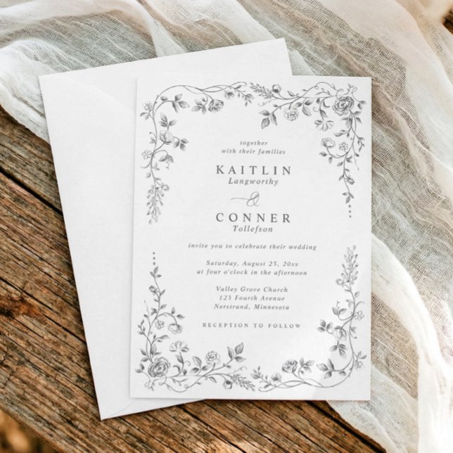 Vintage Silvergrå Fransk Blommig Elegant Bröllop Inbjudningar (Silver gray French floral wedding invitation with elegant Victorian and toile de jouy details)
