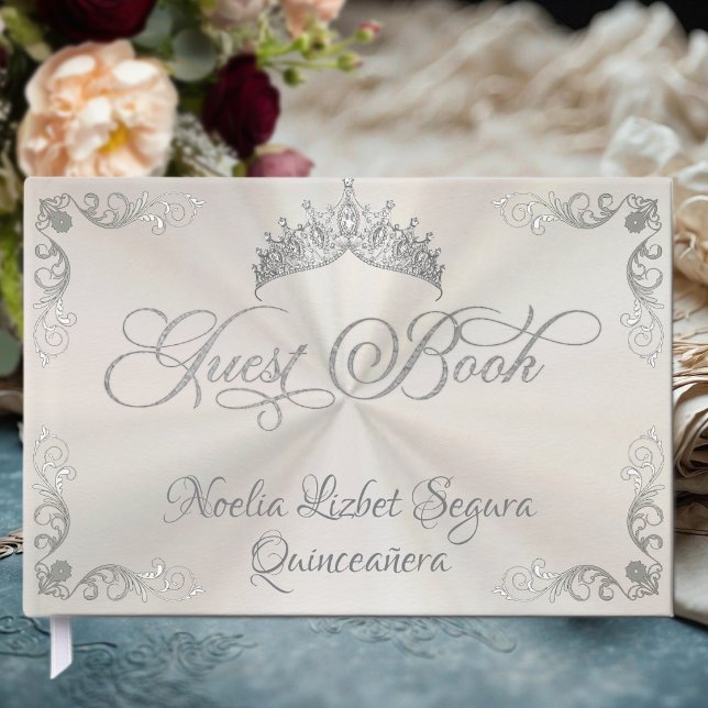 Vintage Silverkant & Tiara - Pärlvitt Gästböcker (Skapare uppladdad)
