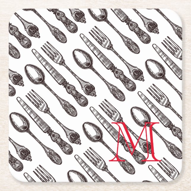 Vintage Silverware Classic Foodie Initial Underlägg Papper Kvadrat (Framsidan)