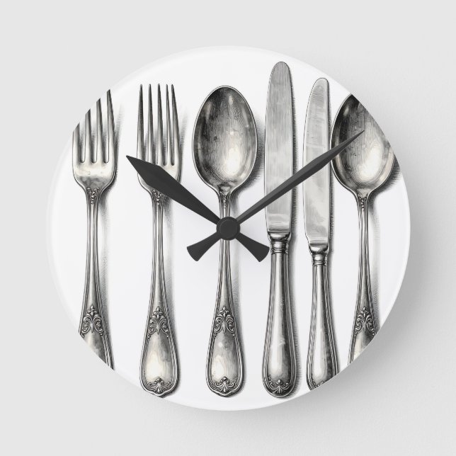 Vintage Silverware Ornate Flatware Kitchen  Rund Klocka (Framsida)