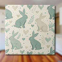 Vintage Simple Bunny Silhouettes Hearts Pattern Kakelplatta