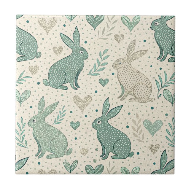 Vintage Simple Bunny Silhouettes Hearts Pattern Kakelplatta (Framsidan)