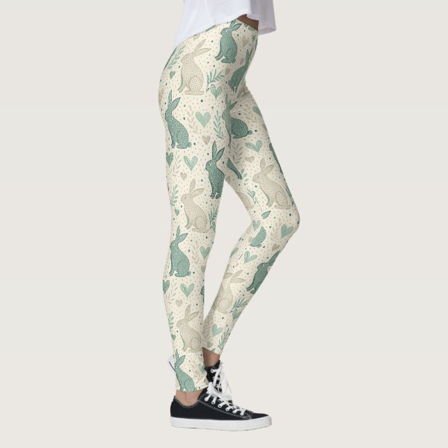 Vintage Simple Bunny Silhouettes Hearts Pattern Leggings (Höger)