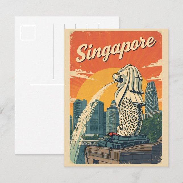 Vintage Singapore Merlion-maskot  presenter Vykort (Fram/baksida)