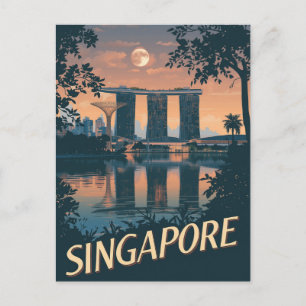Vintage Singapore Reseskylt Panorama Måne Vykort