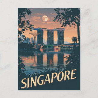 Vintage Singapore Travel Poster Skyline Moon Vykort
