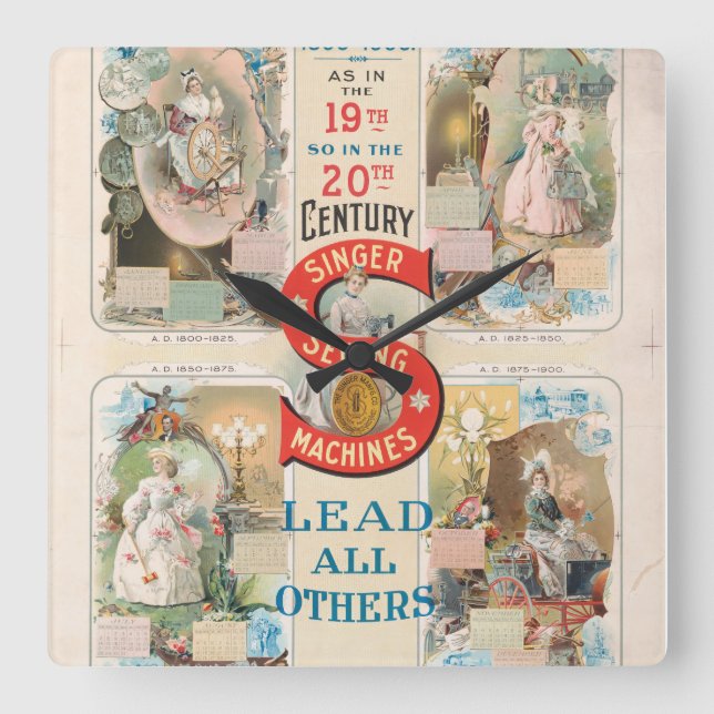 Vintage Singer Sewing Maskin Ad Fyrkantig Klocka (Framsida)