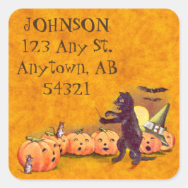 Vintage Singing Black Cat Halloween-adressetikett Fyrkantigt Klistermärke