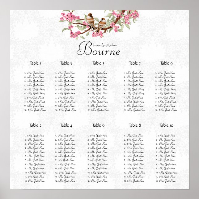 Vintage Sittdiagram 12 Bord Rosa Poster (Framsidan)