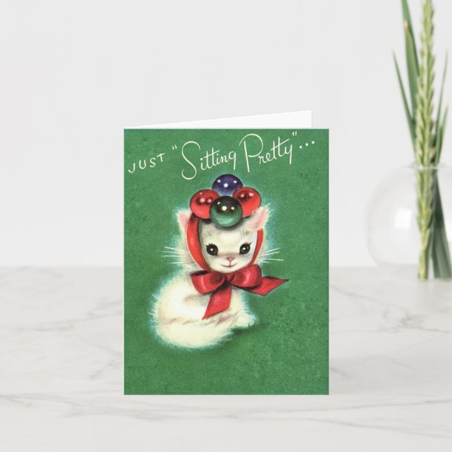 Vintage "Sitting Pretty" Julkatt Kort (Framsida)