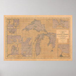 Vintage Sjö Michigan, Huron & Superior Lighthouse Poster