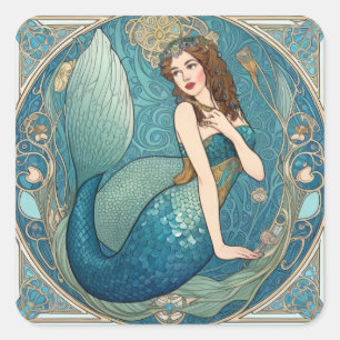 Vintage Sjöjungfru Art nouveau Retro Deco Teal Fyrkantigt Klistermärke
